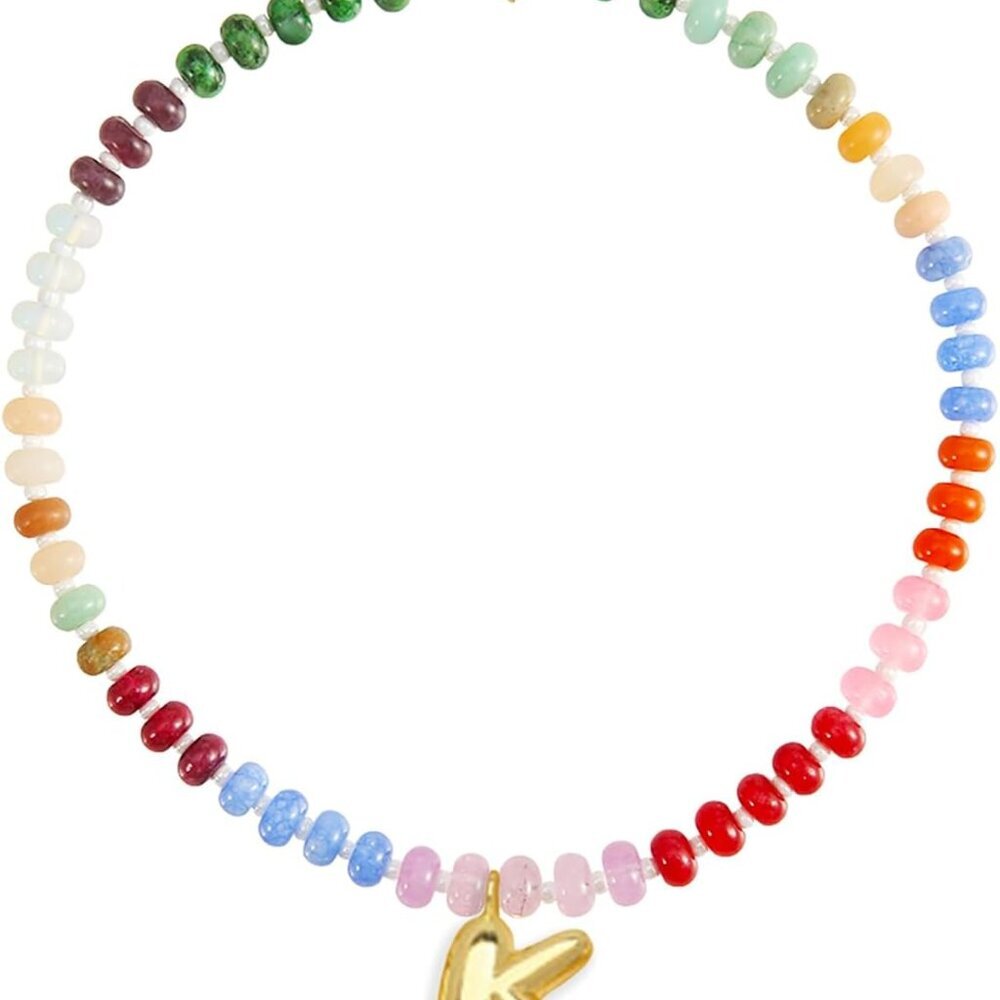 Boho Colorful Beaded Necklace with Gold Bubble Letter A-Z Pendant,Handmade Trend